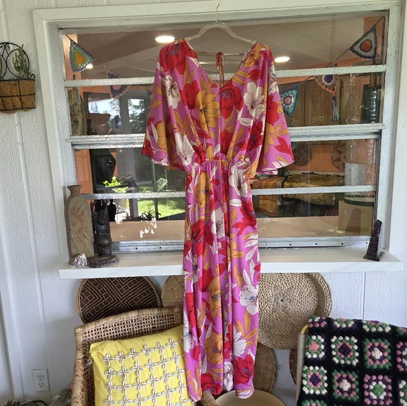 Easel Small Pink Jumpsuit Vibrant Tropical Wide Leg Palazzo Style Vacation - Picture 6 of 11
